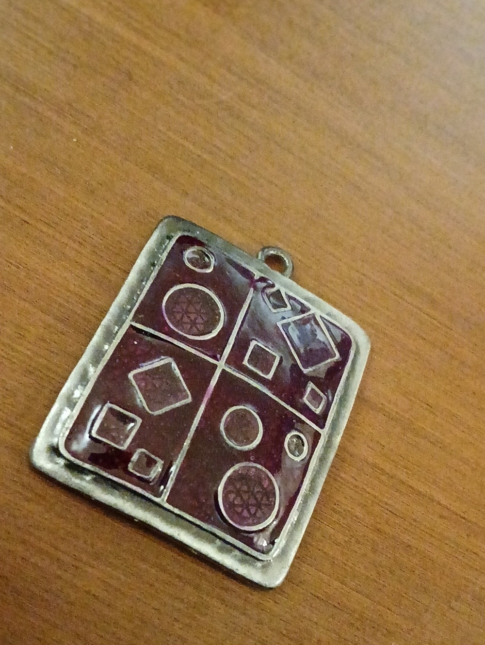 Silver Tone Geometric Square Pendant in Deep Wine Red 2"